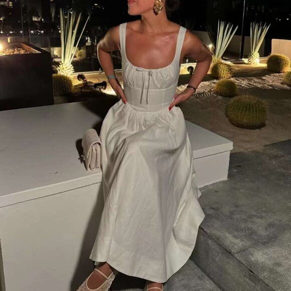 NEW BEST Reformation Balia Linen Midi Dress Sz4 White Linen Bow Sleeveless - Picture 2 of 13